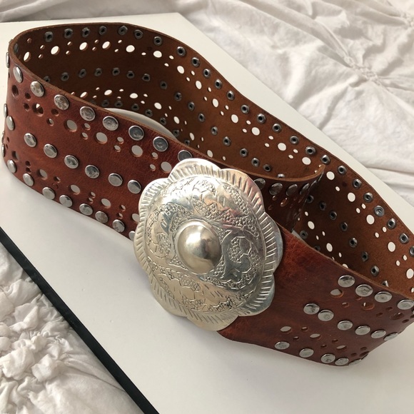 Accessories - Brown Studded Belt with Round Belt Buckle